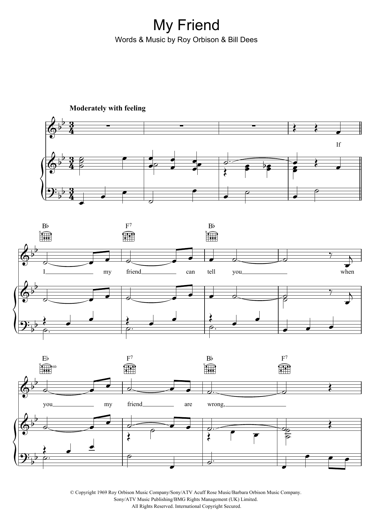Roy Orbison My Friend Sheet Music Notes & Chords for Piano, Vocal & Guitar (Right-Hand Melody) - Download or Print PDF