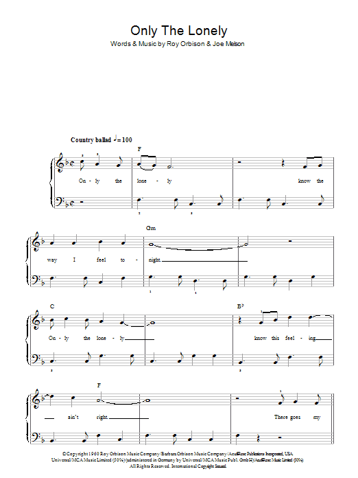 Roy Orbison Only The Lonely (Know The Way I Feel) Sheet Music Notes & Chords for Beginner Piano - Download or Print PDF