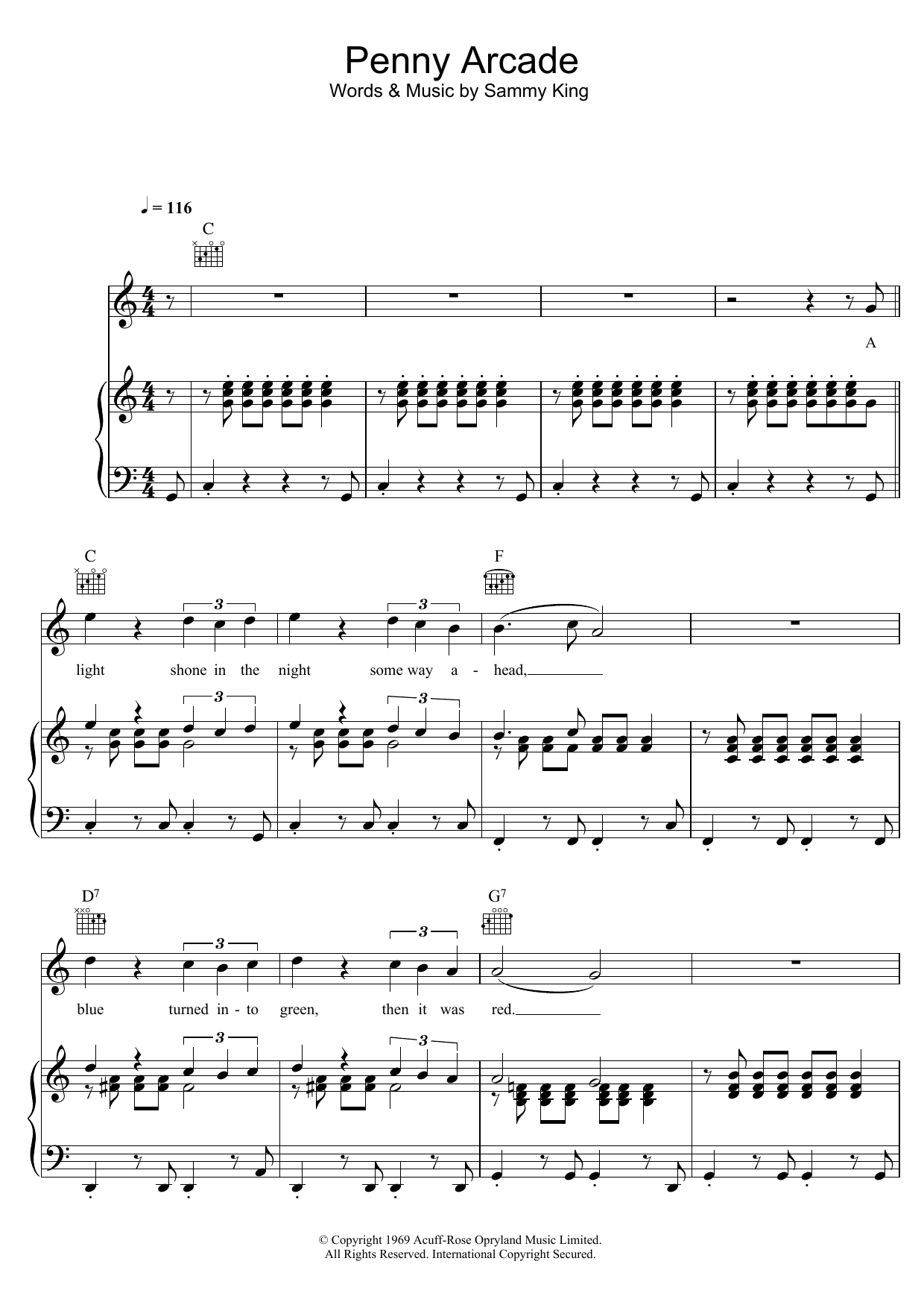 Roy Orbison Penny Arcade Sheet Music Notes & Chords for Piano, Vocal & Guitar (Right-Hand Melody) - Download or Print PDF