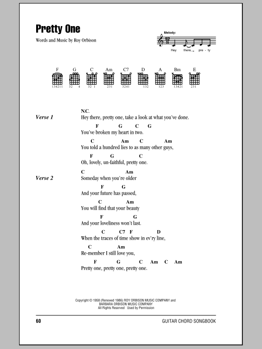 Roy Orbison Pretty One Sheet Music Notes & Chords for Lyrics & Chords - Download or Print PDF Roy Orbison Pretty One Sheet Music Notes & Chords for Lyrics & Chords - Download or Print PDF