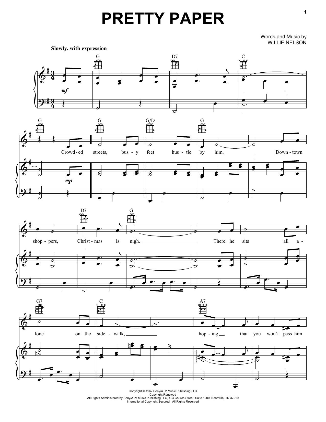 Roy Orbison Pretty Paper Sheet Music Notes & Chords for Piano, Vocal & Guitar (Right-Hand Melody) - Download or Print PDF