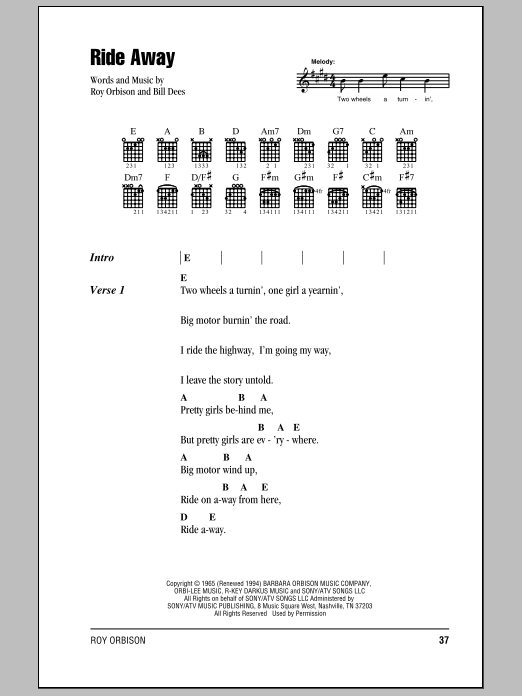 Roy Orbison Ride Away Sheet Music Notes & Chords for Lyrics & Chords - Download or Print PDF