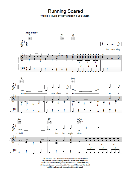 Roy Orbison Running Scared Sheet Music Notes & Chords for Piano, Vocal & Guitar (Right-Hand Melody) - Download or Print PDF