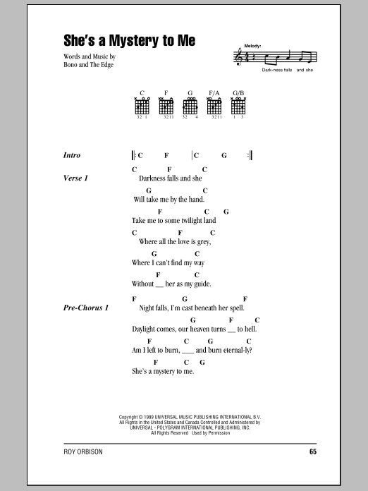 Roy Orbison She's A Mystery To Me Sheet Music Notes & Chords for Lyrics & Chords - Download or Print PDF