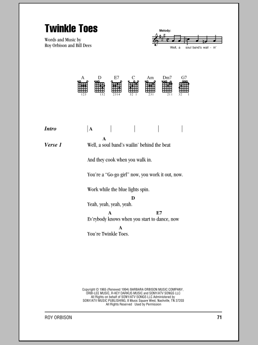 Roy Orbison Twinkle Toes Sheet Music Notes & Chords for Lyrics & Chords - Download or Print PDF