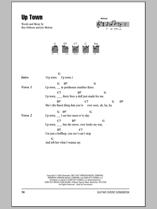 Roy Orbison Up Town Sheet Music Notes & Chords for Lyrics & Chords - Download or Print PDF