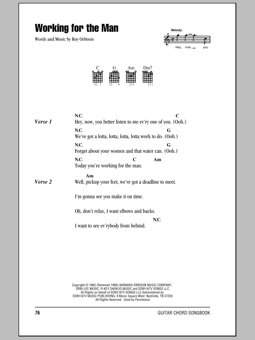 Roy Orbison Working For The Man Sheet Music Notes & Chords for Piano, Vocal & Guitar (Right-Hand Melody) - Download or Print PDF