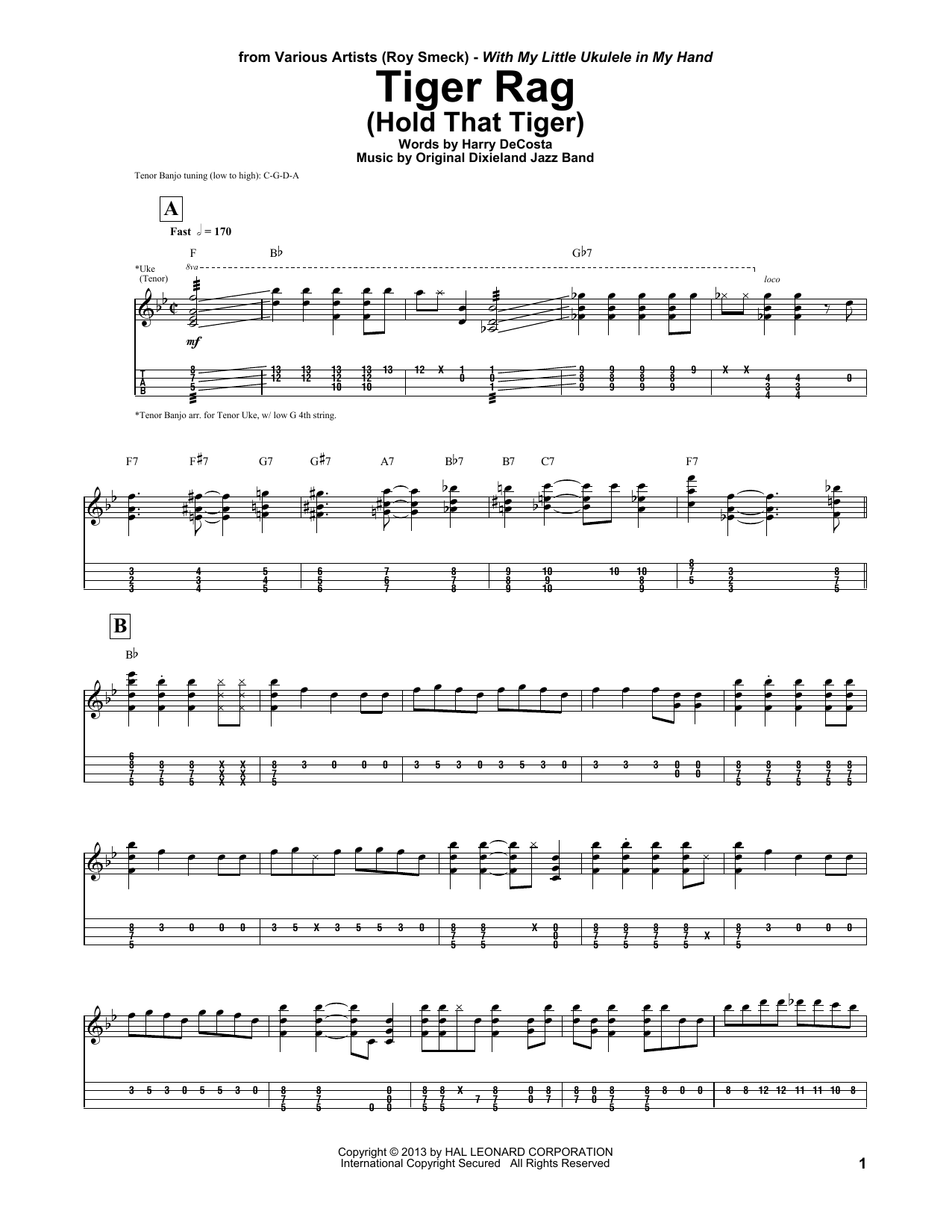 Roy Smeck Tiger Rag (Hold That Tiger) Sheet Music Notes & Chords for UKETAB - Download or Print PDF
