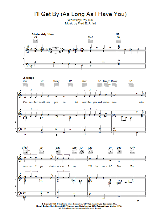 Roy Turk I'll Get By Sheet Music Notes & Chords for Piano, Vocal & Guitar (Right-Hand Melody) - Download or Print PDF