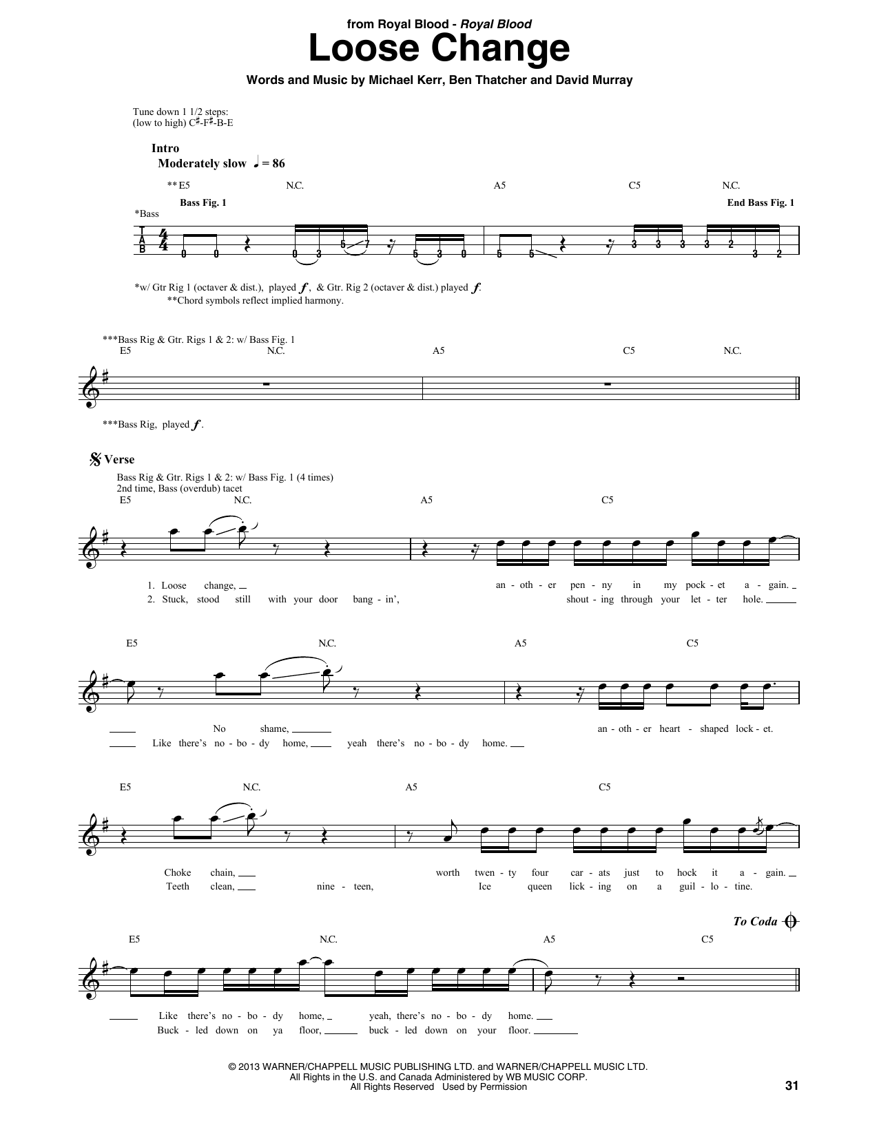 Royal Blood Loose Change Sheet Music Notes & Chords for Bass Guitar Tab - Download or Print PDF