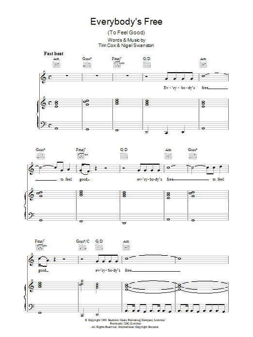 Rozalla Everybody's Free (To Feel Good) Sheet Music Notes & Chords for Piano, Vocal & Guitar (Right-Hand Melody) - Download or Print PDF