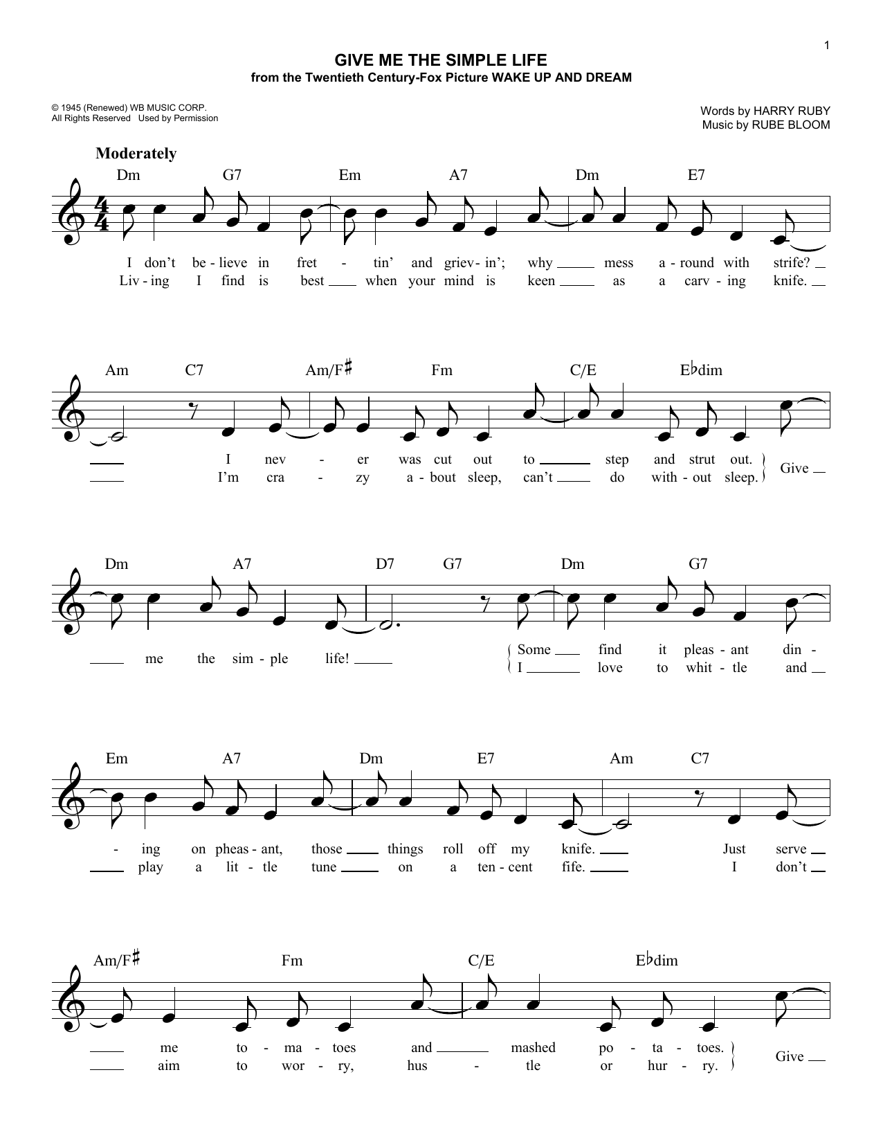 Rube Bloom Give Me The Simple Life Sheet Music Notes & Chords for Melody Line, Lyrics & Chords - Download or Print PDF
