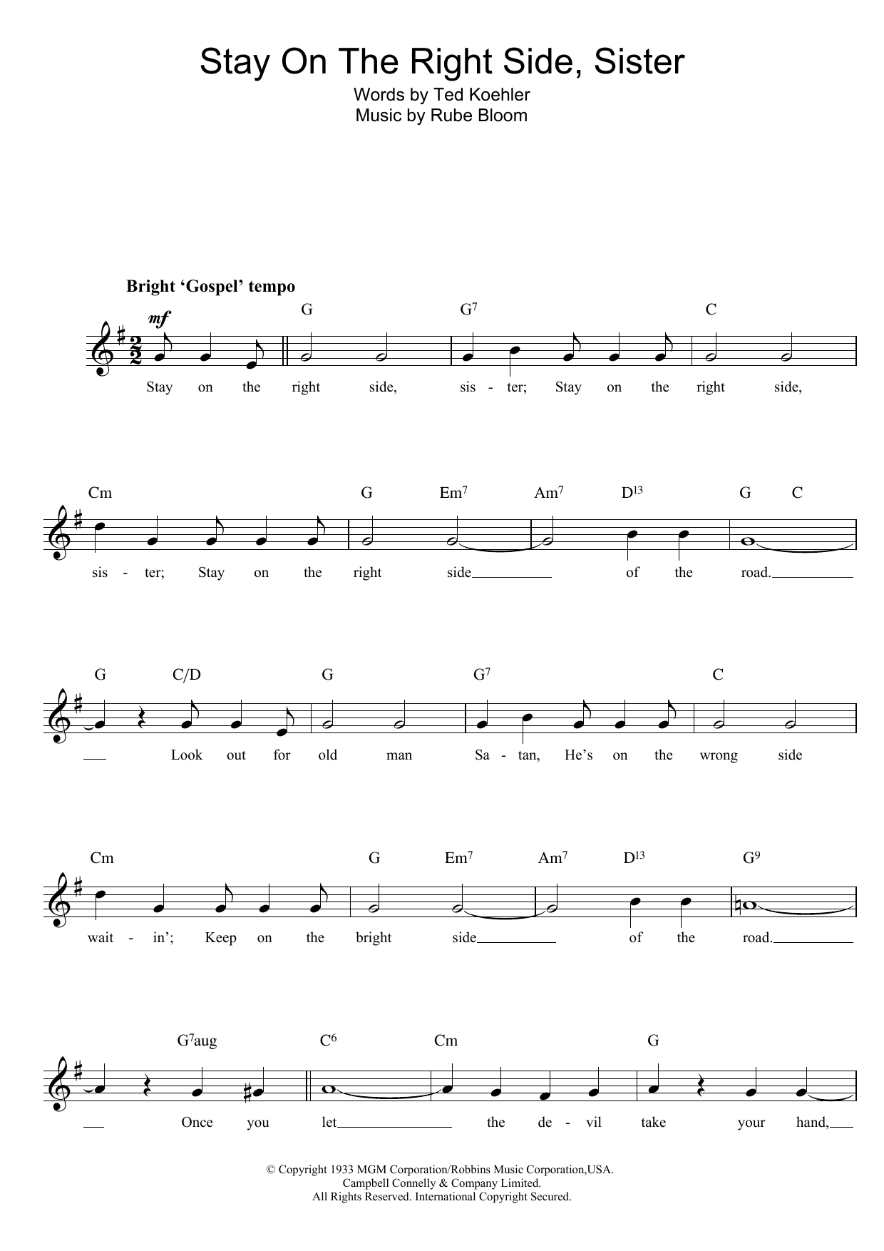 Rube Bloom Stay On The Right Side Sister Sheet Music Notes & Chords for Melody Line, Lyrics & Chords - Download or Print PDF