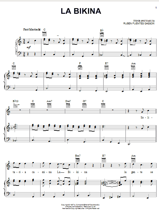 Ruben Fuentes Gasson La Bikina Sheet Music Notes & Chords for Piano, Vocal & Guitar (Right-Hand Melody) - Download or Print PDF