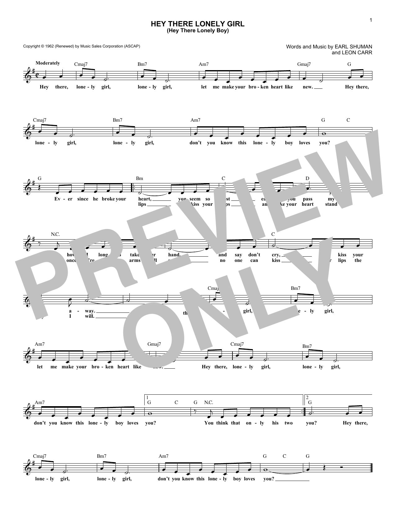 Ruby & The Romantics Hey There Lonely Girl (Hey There Lonely Boy) Sheet Music Notes & Chords for Melody Line, Lyrics & Chords - Download or Print PDF