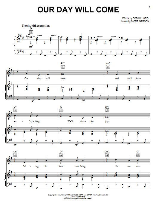 Ruby & The Romantics Our Day Will Come Sheet Music Notes & Chords for Piano, Vocal & Guitar (Right-Hand Melody) - Download or Print PDF