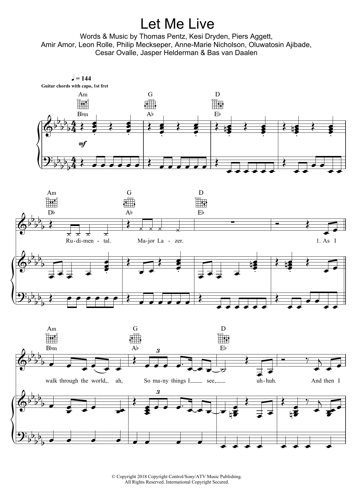 Rudimental Let Me Live (featuring Anne-Marie and Mr. Eazi) Sheet Music Notes & Chords for Piano, Vocal & Guitar (Right-Hand Melody) - Download or Print PDF