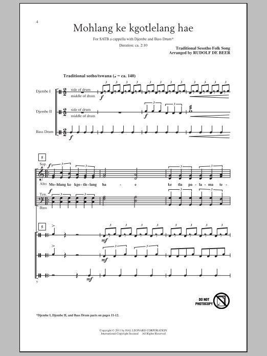 Rudolf de Beer Mohlang Ke Kgotlelang Hae (When I Return Home) Sheet Music Notes & Chords for SSA - Download or Print PDF Rudolf de Beer Mohlang Ke Kgotlelang Hae (When I Return Home) Sheet Music Notes & Chords for SSA - Download or Print PDF