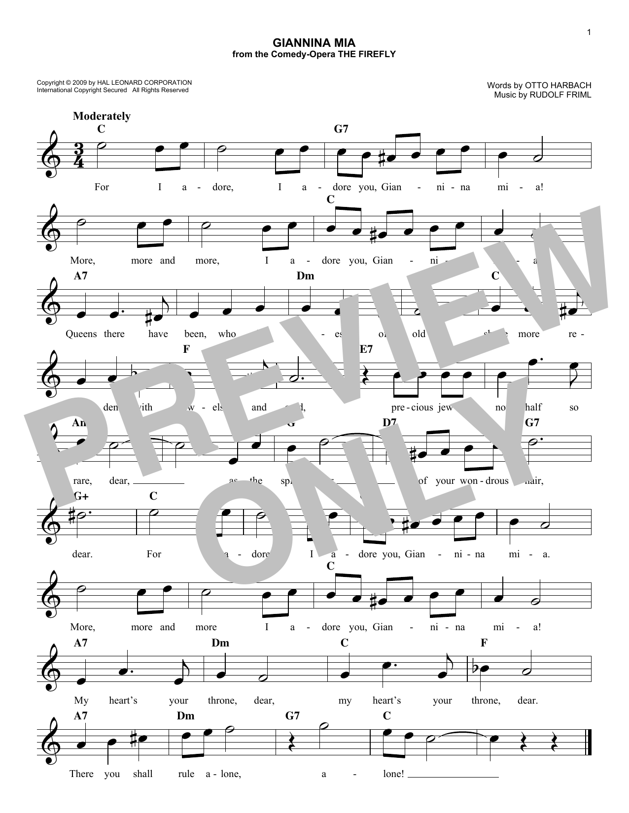 Rudolf Friml Giannina Mia Sheet Music Notes & Chords for Melody Line, Lyrics & Chords - Download or Print PDF