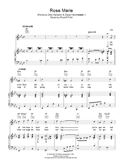 Rudolf Friml Rose Marie Sheet Music Notes & Chords for Piano, Vocal & Guitar (Right-Hand Melody) - Download or Print PDF