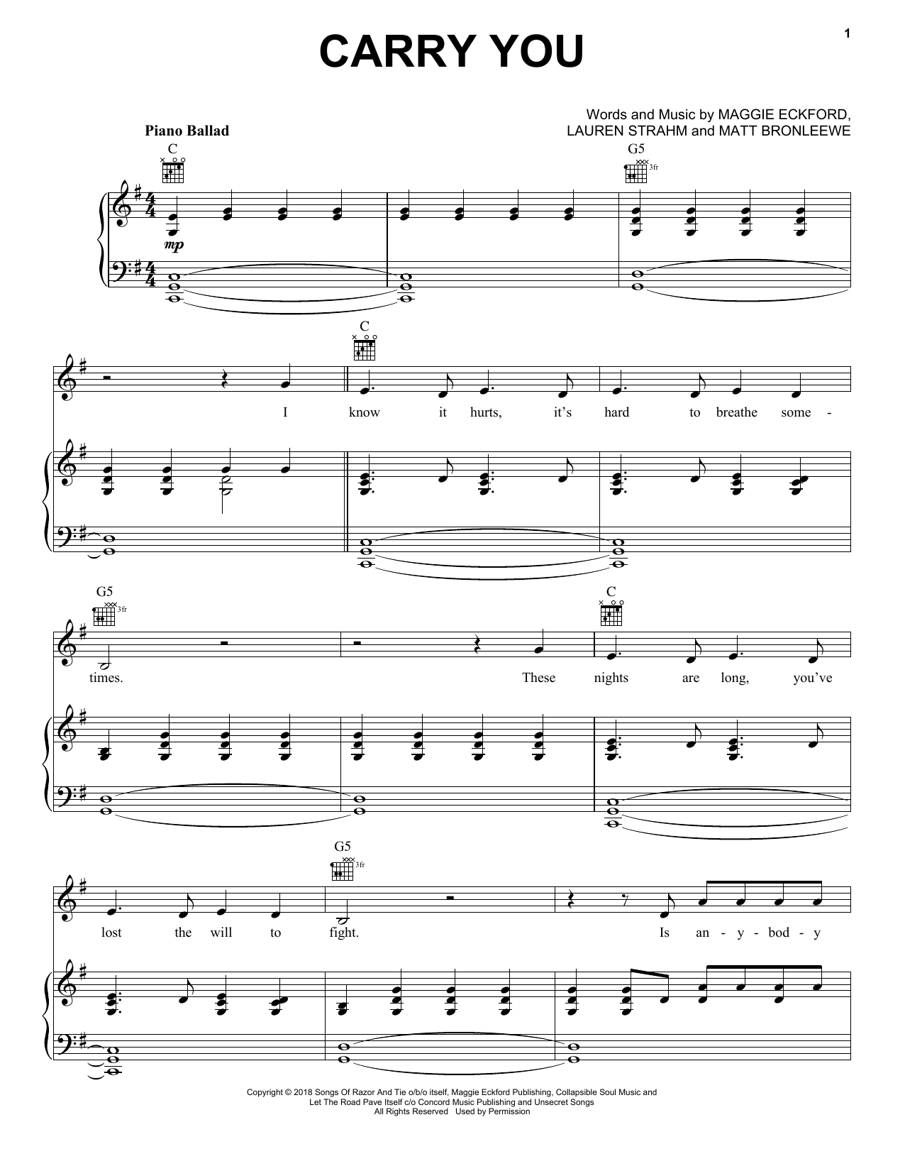 Ruelle Carry You (feat. Fleurie) Sheet Music Notes & Chords for Piano, Vocal & Guitar (Right-Hand Melody) - Download or Print PDF