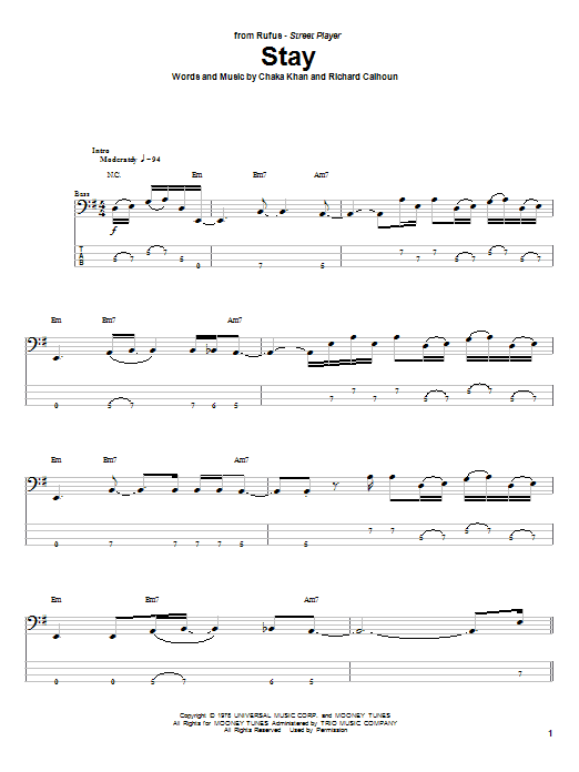 Rufus Stay Sheet Music Notes & Chords for Bass Guitar Tab - Download or Print PDF