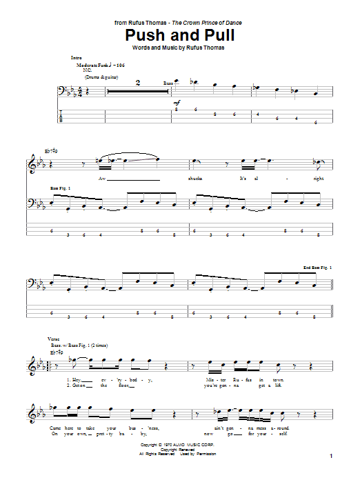 Rufus Thomas Push And Pull Sheet Music Notes & Chords for Bass Guitar Tab - Download or Print PDF