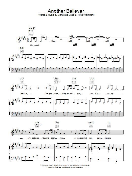 Rufus Wainwright Another Believer Sheet Music Notes & Chords for Piano, Vocal & Guitar - Download or Print PDF