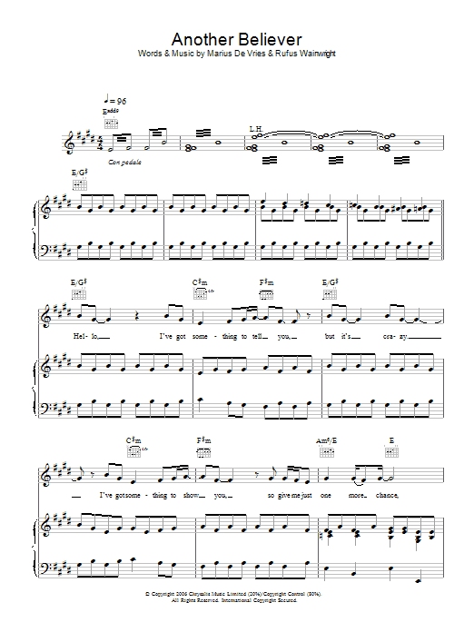 Rufus Wainwright Another Believer Sheet Music Notes & Chords for Piano, Vocal & Guitar (Right-Hand Melody) - Download or Print PDF