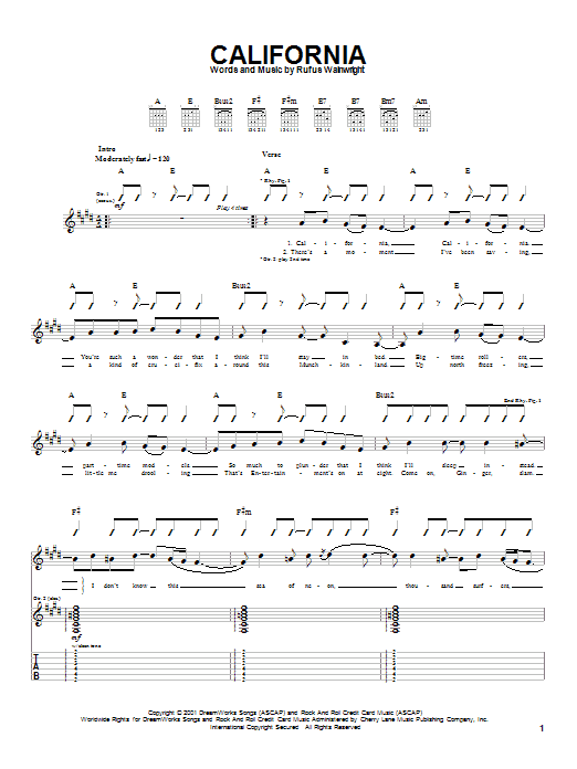 Rufus Wainwright California Sheet Music Notes & Chords for Guitar Tab - Download or Print PDF