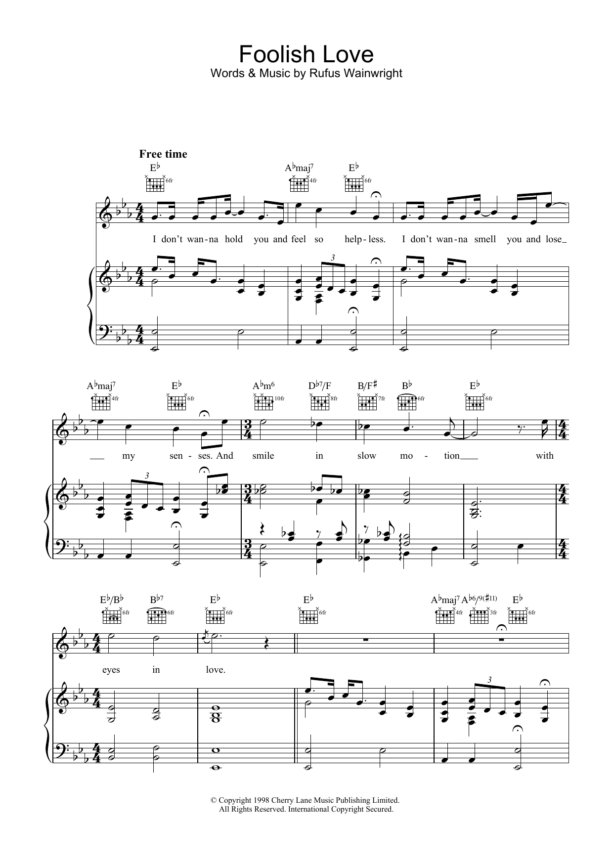 Rufus Wainwright Foolish Love Sheet Music Notes & Chords for Piano, Vocal & Guitar - Download or Print PDF