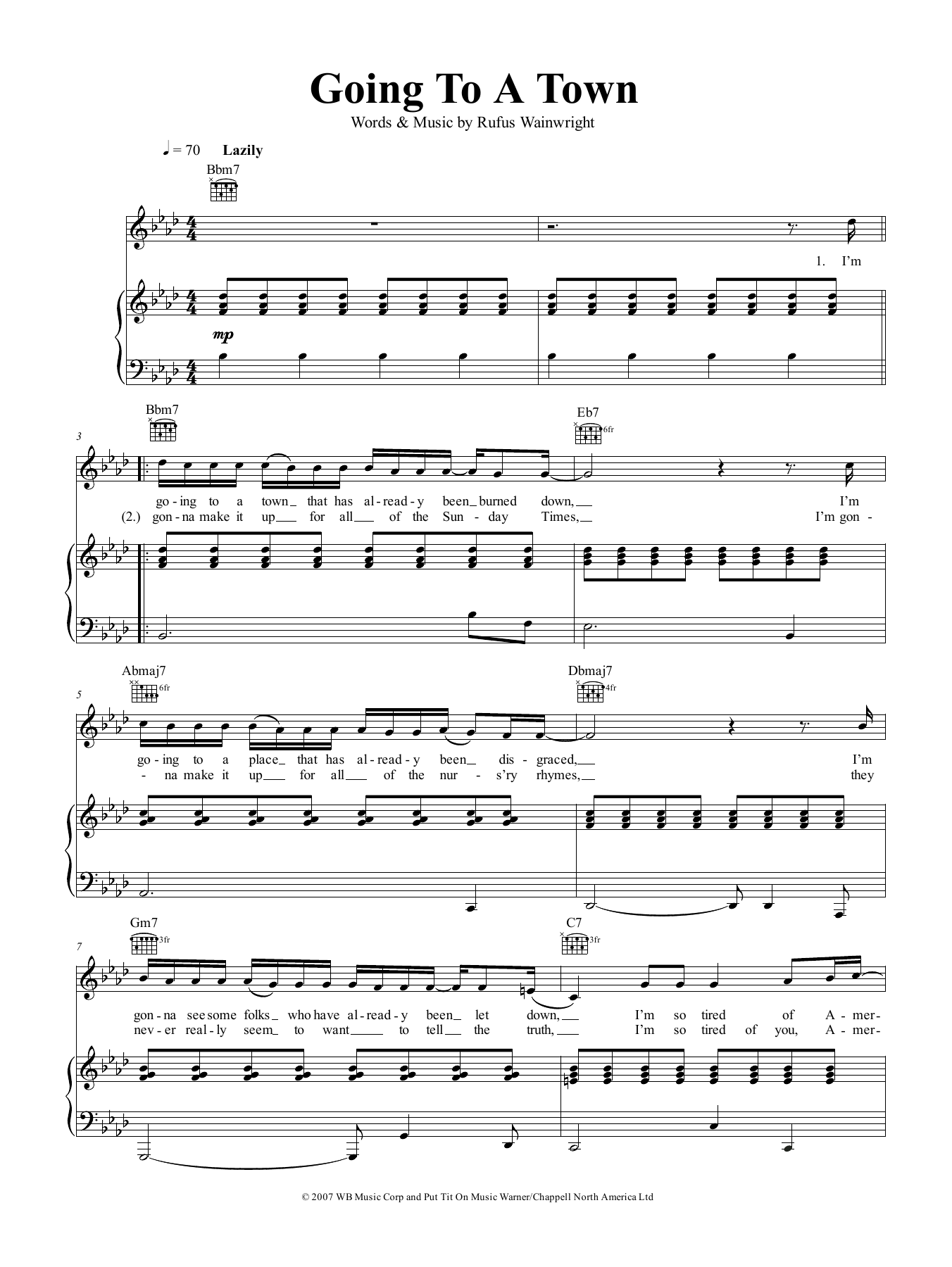 Rufus Wainwright Going To A Town Sheet Music Notes & Chords for Piano, Vocal & Guitar (Right-Hand Melody) - Download or Print PDF