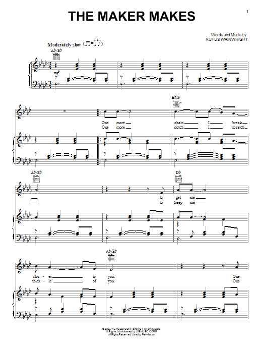 Rufus Wainwright The Maker Makes Sheet Music Notes & Chords for Piano, Vocal & Guitar (Right-Hand Melody) - Download or Print PDF