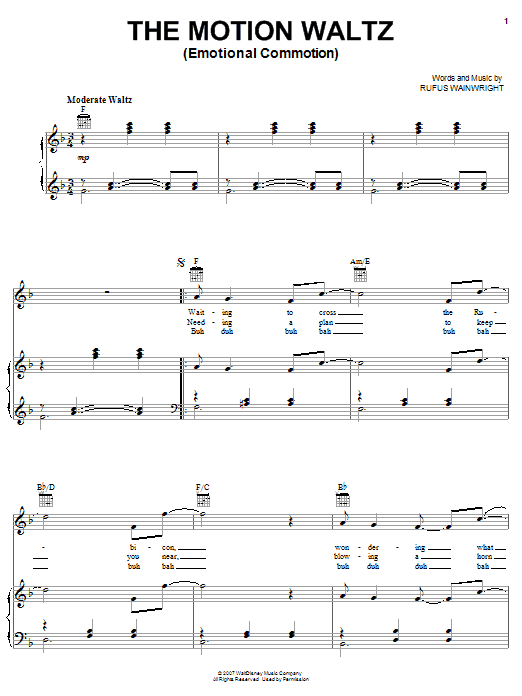 Rufus Wainwright The Motion Waltz (Emotional Commotion) Sheet Music Notes & Chords for Piano, Vocal & Guitar (Right-Hand Melody) - Download or Print PDF