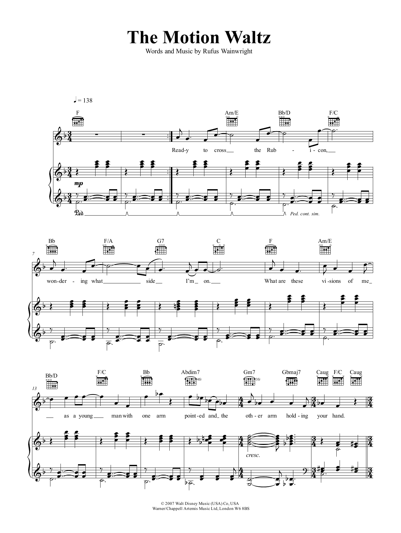 Rufus Wainwright The Motion Waltz Sheet Music Notes & Chords for Piano, Vocal & Guitar (Right-Hand Melody) - Download or Print PDF