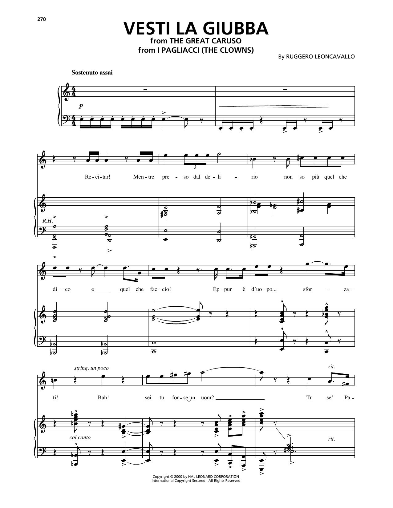 Ruggero Leoncavallo Vesti La Giubba Sheet Music Notes & Chords for Piano, Vocal & Guitar Chords (Right-Hand Melody) - Download or Print PDF