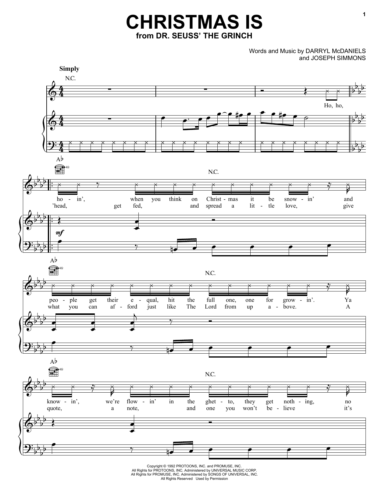 Run DMC Christmas Is (from The Grinch) Sheet Music Notes & Chords for Piano, Vocal & Guitar (Right-Hand Melody) - Download or Print PDF