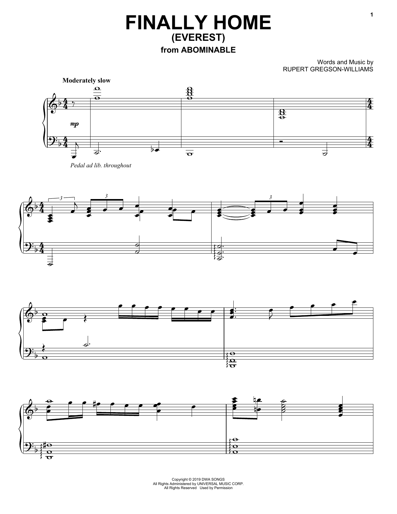 Rupert Gregson-Williams Finally Home (Everest) (from the Motion Picture Abominable) Sheet Music Notes & Chords for Piano Solo - Download or Print PDF