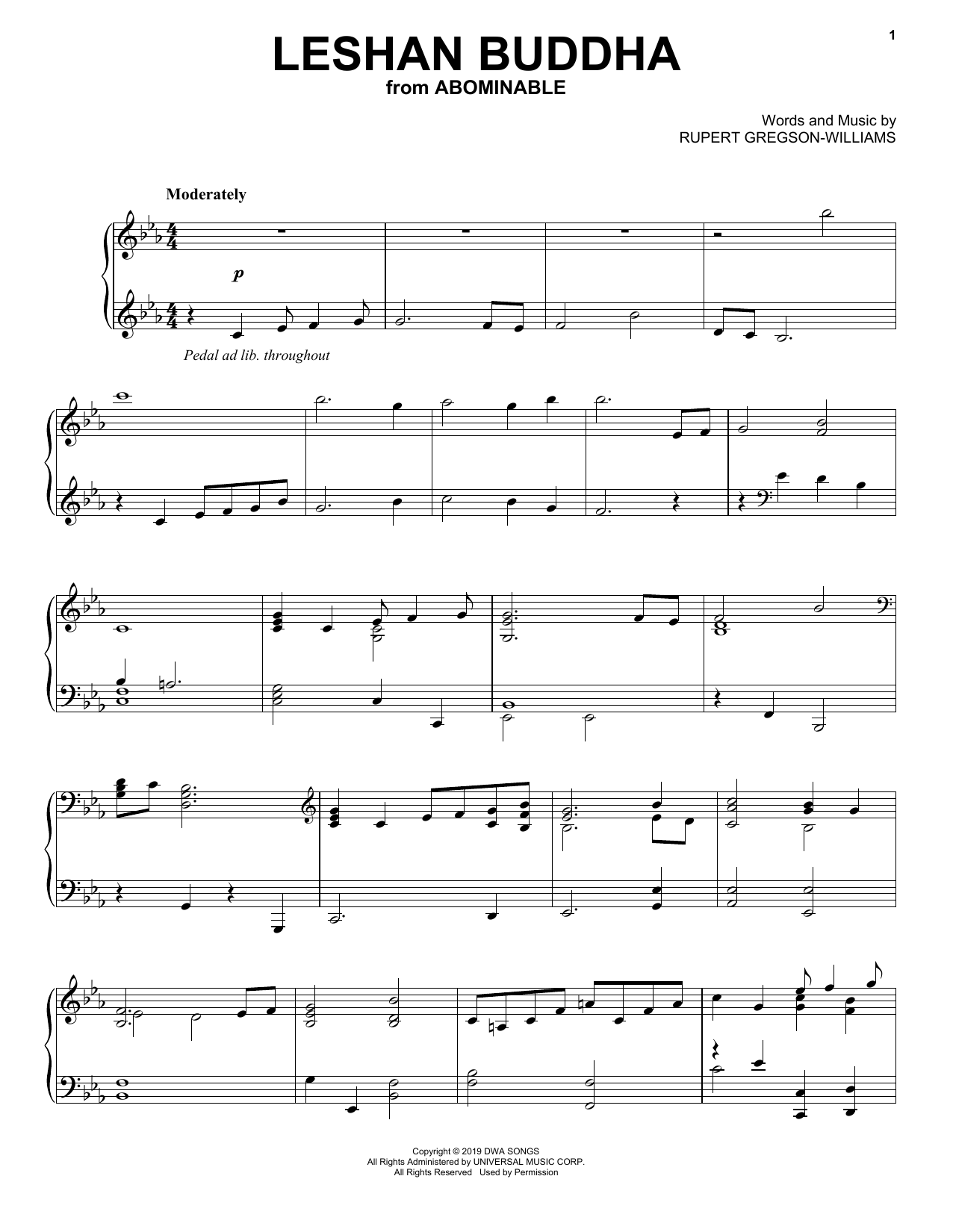 Rupert Gregson-Williams Leshan Buddha (from the Motion Picture Abominable) Sheet Music Notes & Chords for Piano Solo - Download or Print PDF