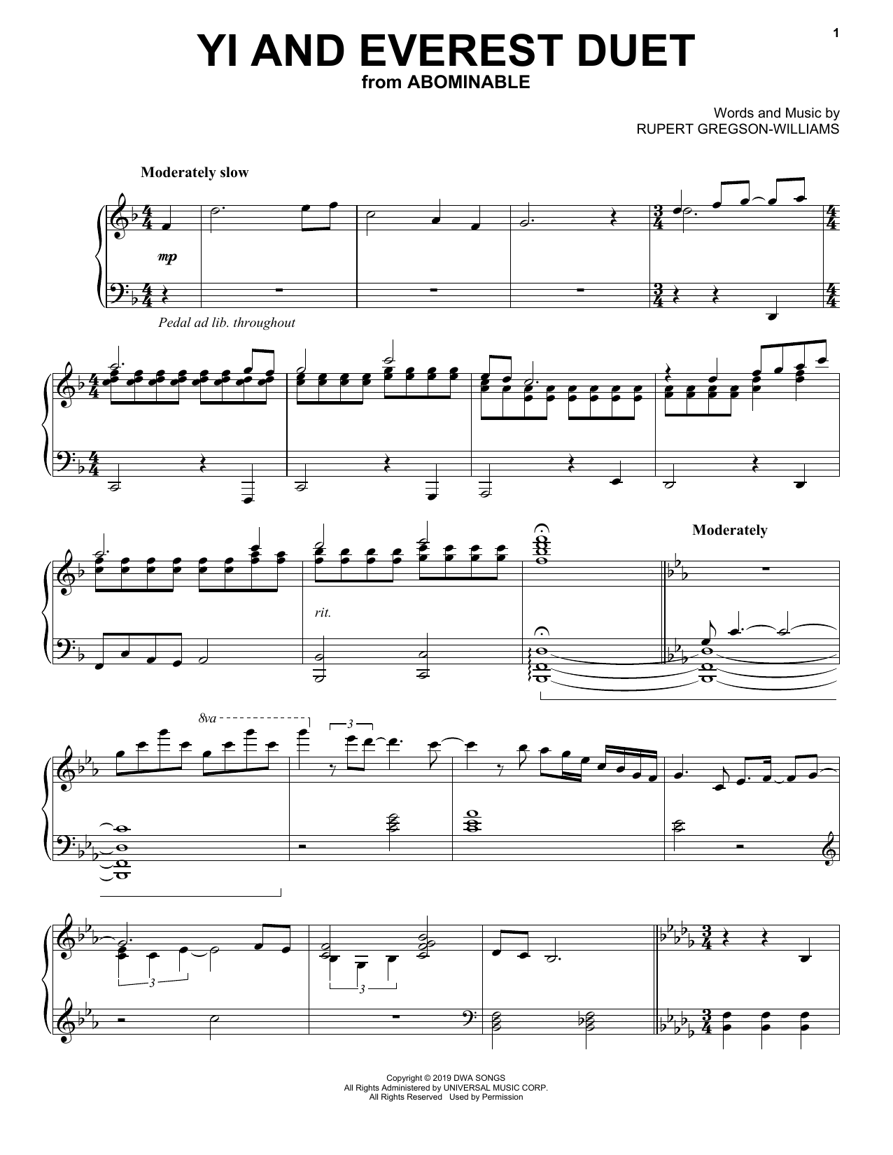 Rupert Gregson-Williams Yi And Everest Duet (from the Motion Picture Abominable) Sheet Music Notes & Chords for Piano Solo - Download or Print PDF