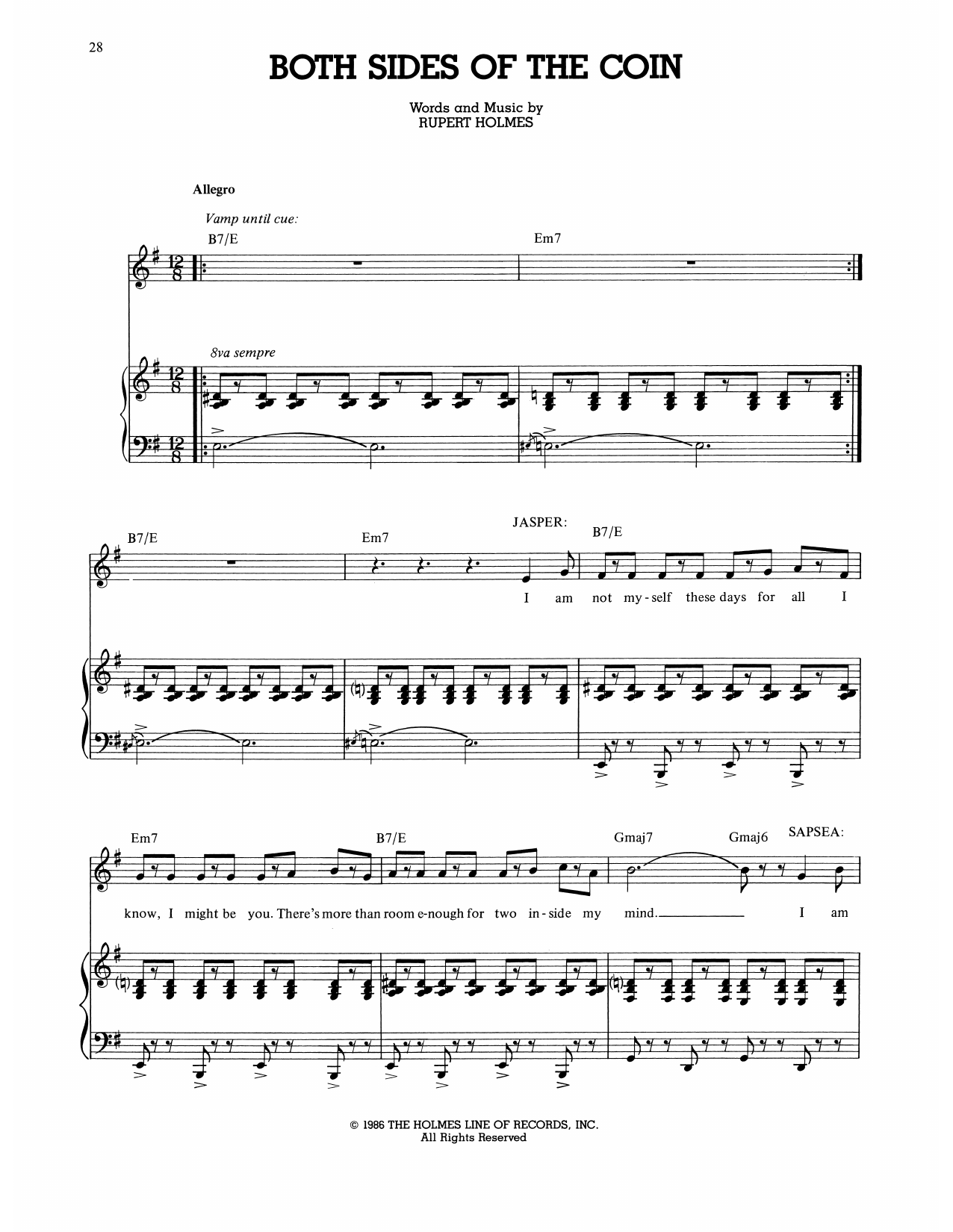 Rupert Holmes Both Sides Of The Coin (from The Mystery Of Edwin Drood) Sheet Music Notes & Chords for Piano, Vocal & Guitar Chords (Right-Hand Melody) - Download or Print PDF