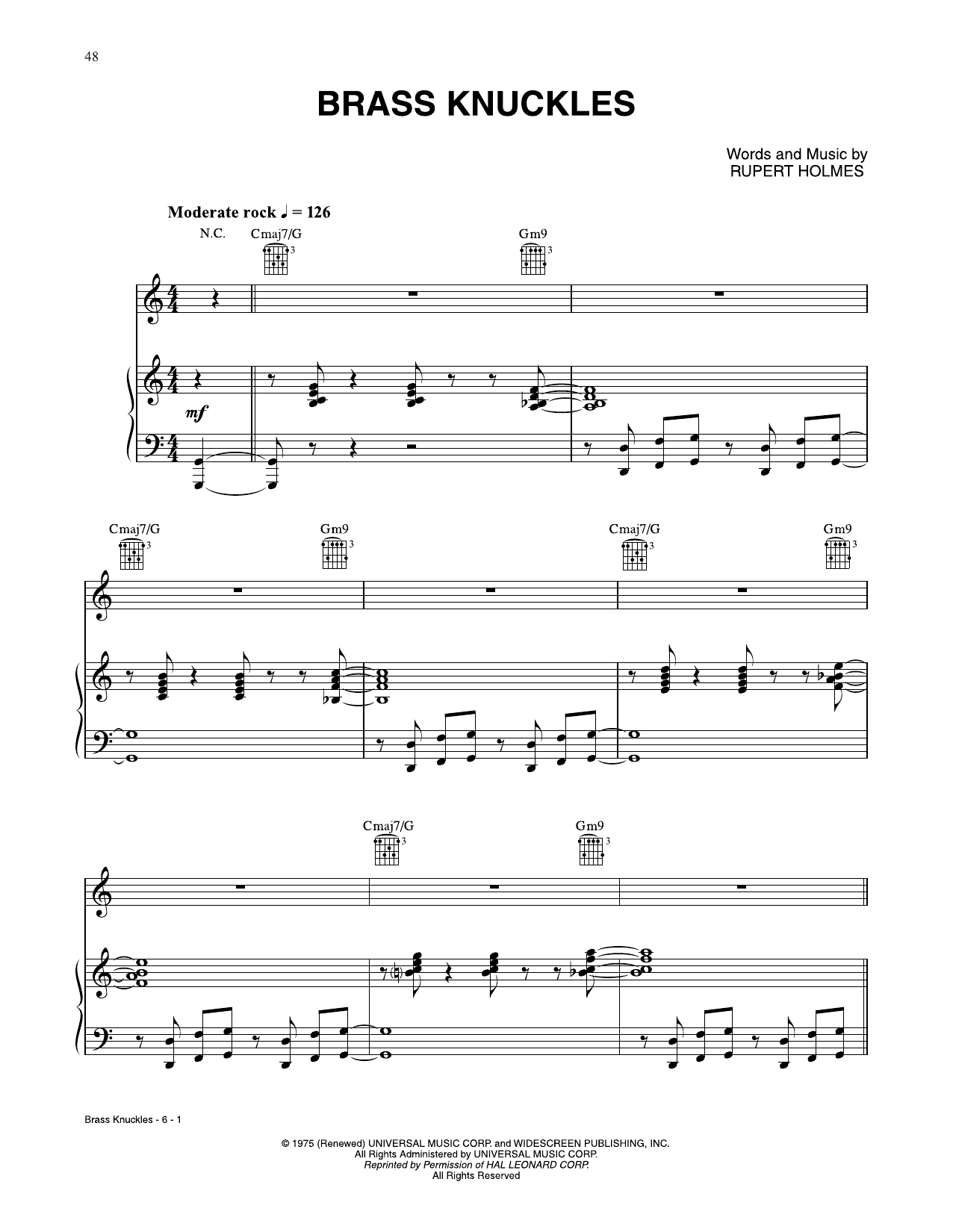 Rupert Holmes Brass Knuckles Sheet Music Notes & Chords for Piano, Vocal & Guitar Chords (Right-Hand Melody) - Download or Print PDF