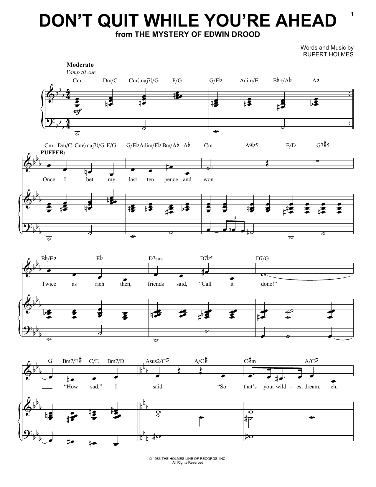 Rupert Holmes Don't Quit While You're Ahead (from The Mystery of Edwin Drood) Sheet Music Notes & Chords for Piano & Vocal - Download or Print PDF