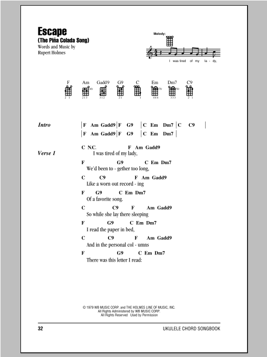 Rupert Holmes Escape (The Piña Colada Song) Sheet Music Notes & Chords for Ukulele with strumming patterns - Download or Print PDF