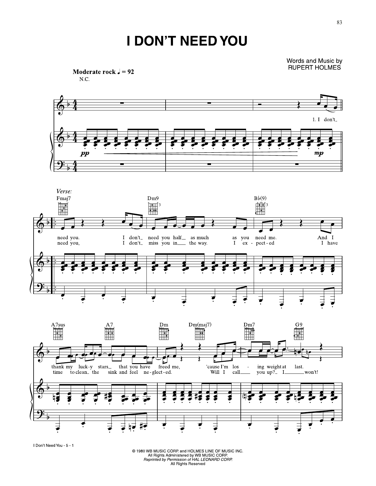 Rupert Holmes I Don't Need You Sheet Music Notes & Chords for Piano, Vocal & Guitar Chords (Right-Hand Melody) - Download or Print PDF