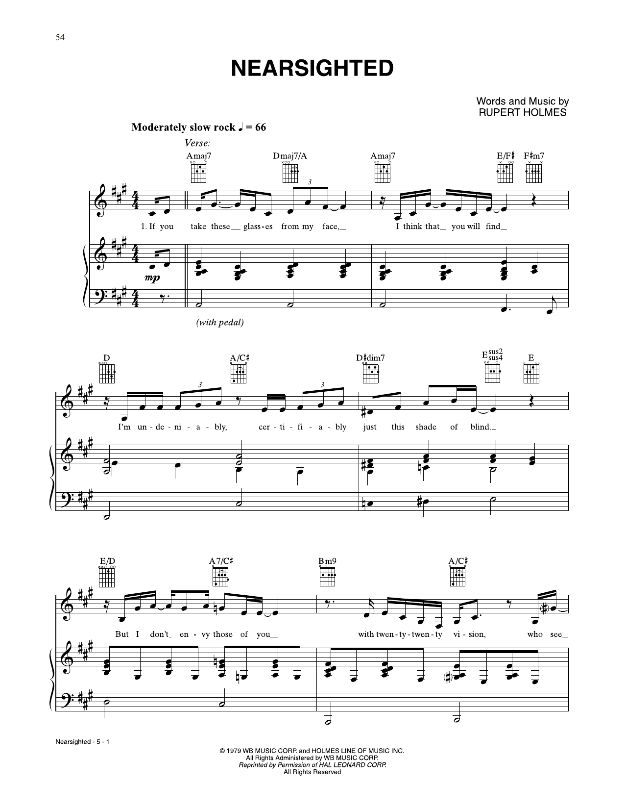 Rupert Holmes Nearsighted Sheet Music Notes & Chords for Piano, Vocal & Guitar Chords (Right-Hand Melody) - Download or Print PDF