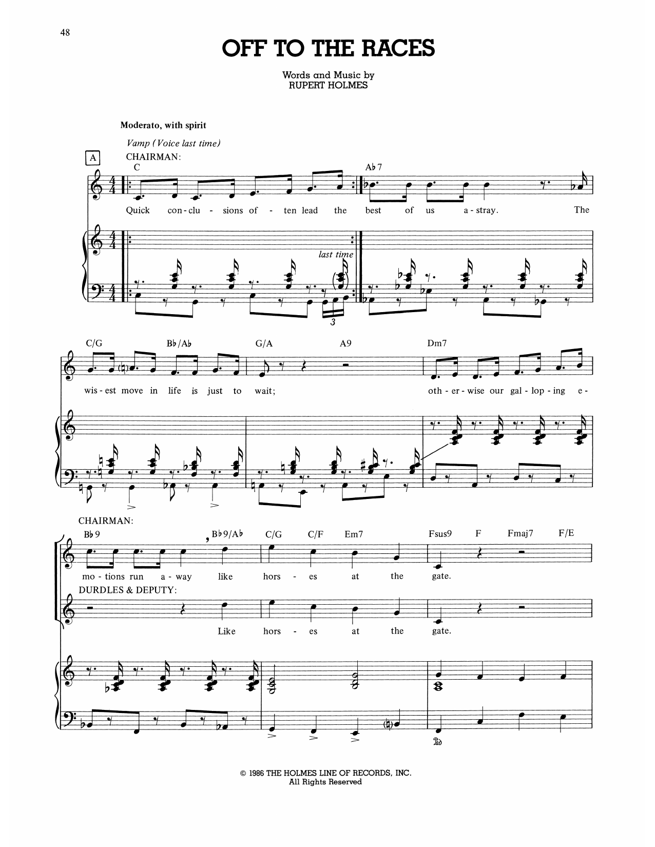 Rupert Holmes Off To The Races (from The Mystery Of Edwin Drood) Sheet Music Notes & Chords for Piano, Vocal & Guitar Chords (Right-Hand Melody) - Download or Print PDF