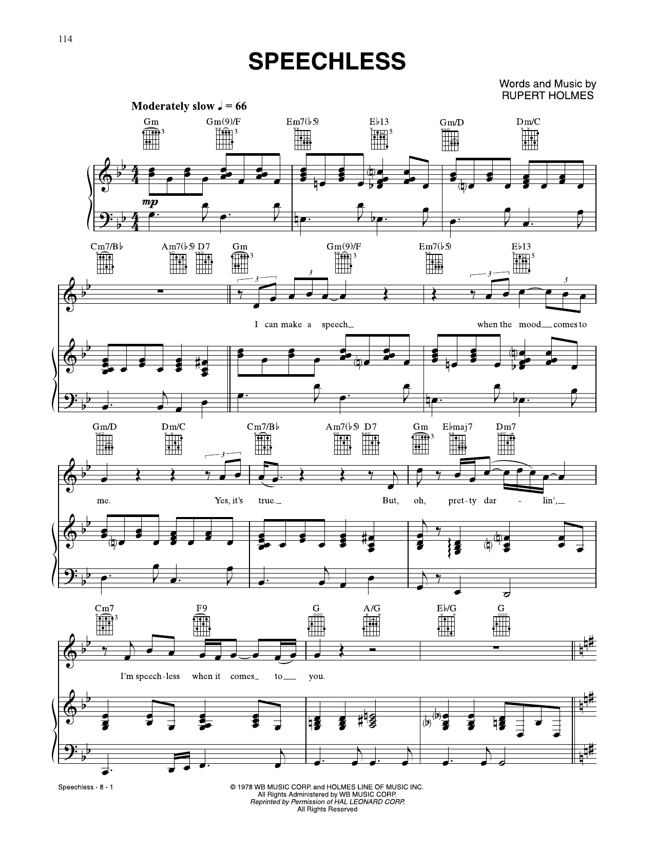 Rupert Holmes Speechless Sheet Music Notes & Chords for Piano, Vocal & Guitar Chords (Right-Hand Melody) - Download or Print PDF