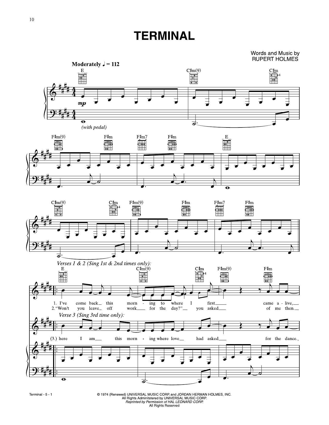 Rupert Holmes Terminal Sheet Music Notes & Chords for Piano, Vocal & Guitar Chords (Right-Hand Melody) - Download or Print PDF