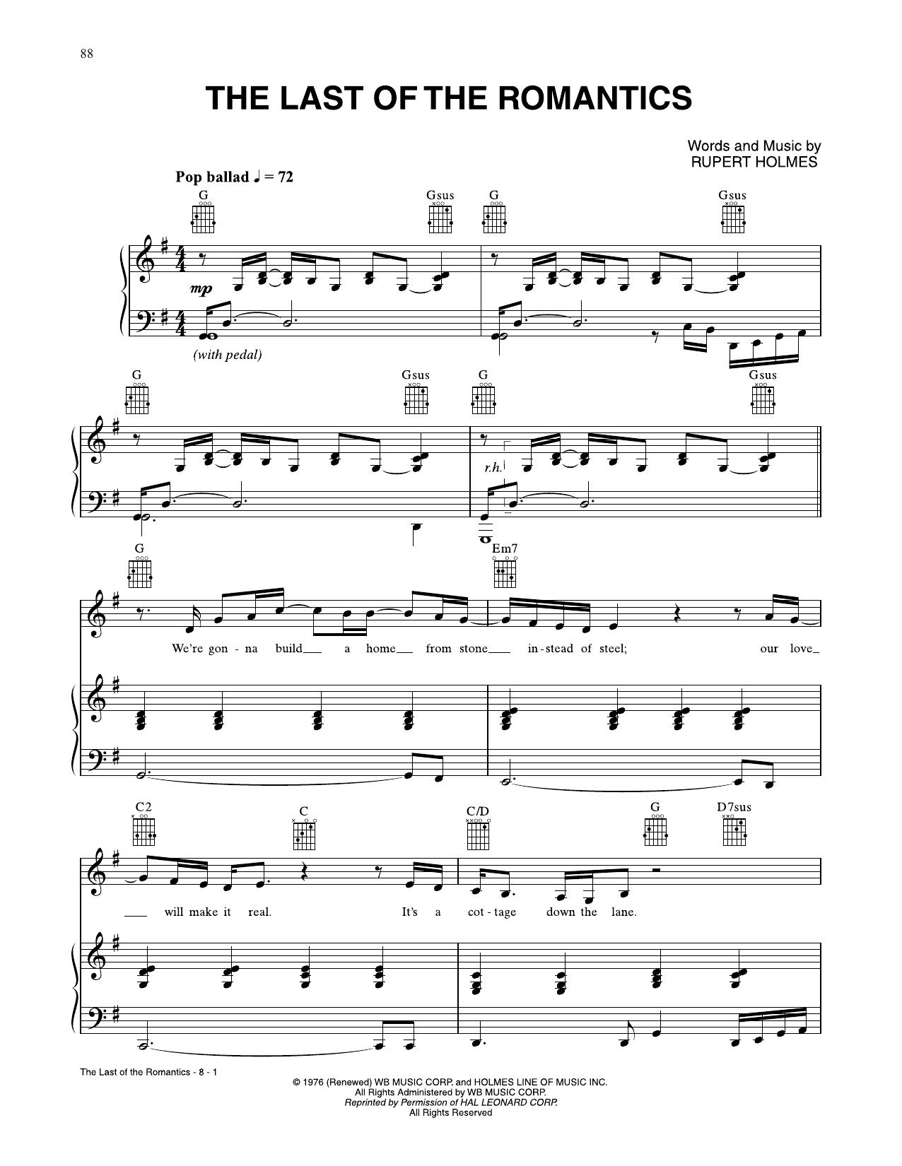 Rupert Holmes The Last Of The Romantics Sheet Music Notes & Chords for Piano, Vocal & Guitar Chords (Right-Hand Melody) - Download or Print PDF